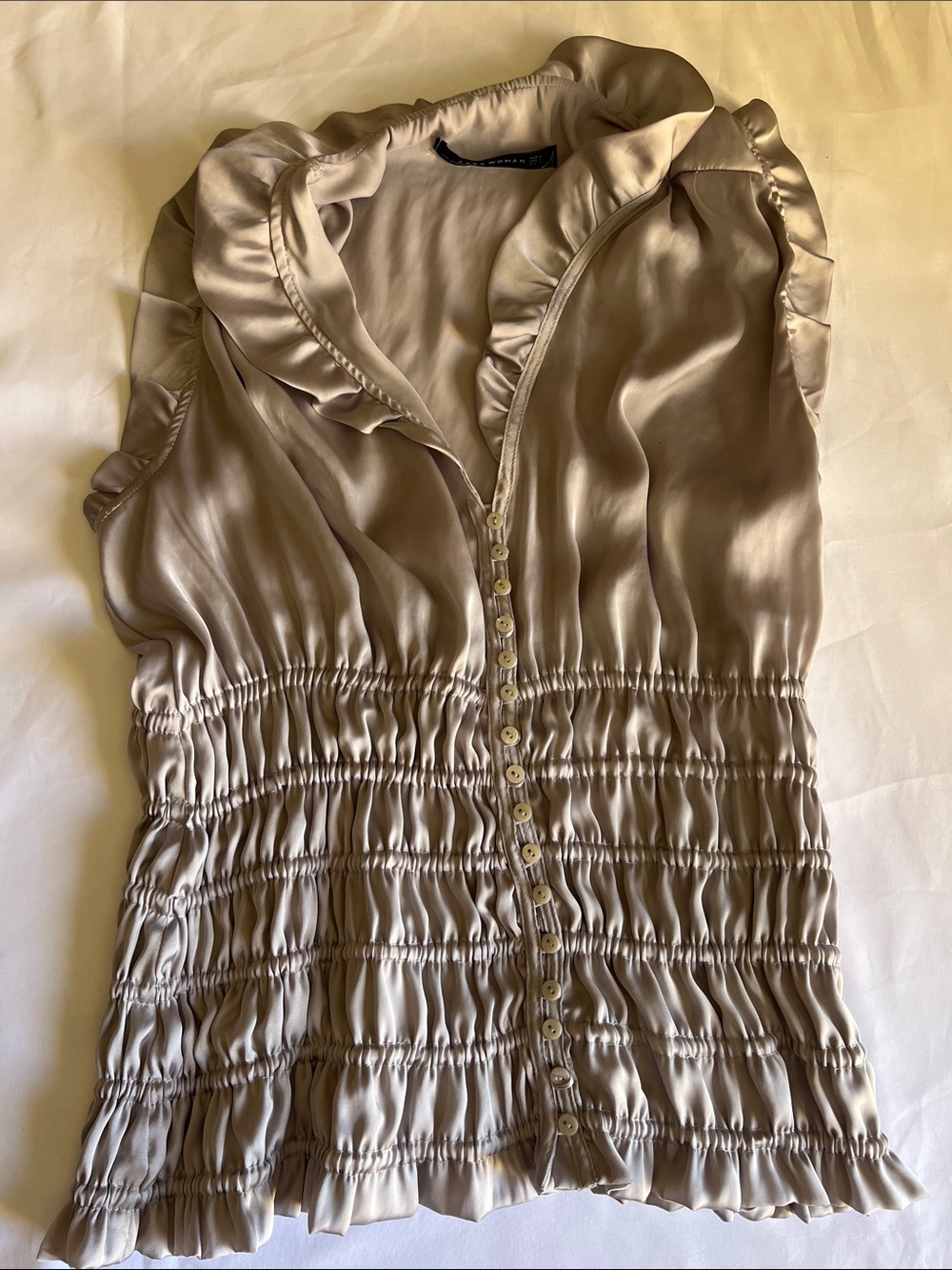 Zara Taupe Satin Ruffle-Trim Button Front Blouse